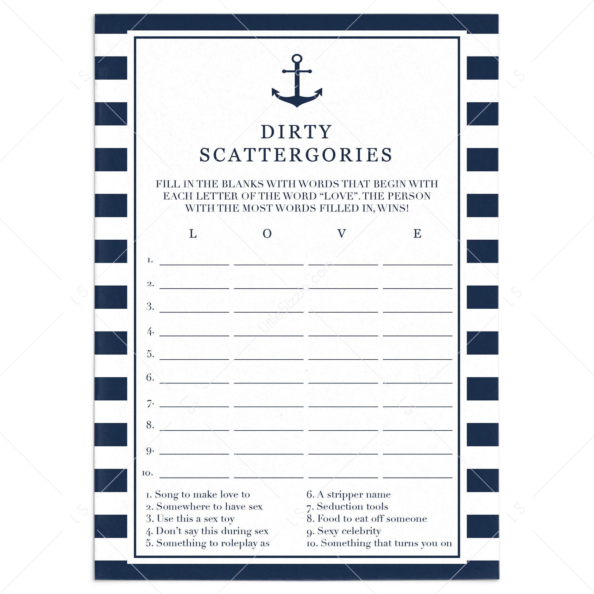 Nautical Hen Party Scattergories Game Printable by LittleSizzle