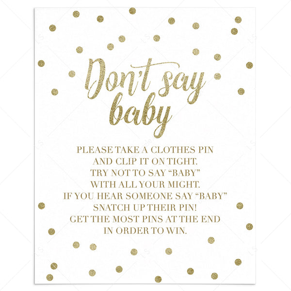 Don't Say Baby clothespin game with Gold Confetti printable table sign –  LittleSizzle