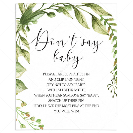 Dont say baby game sign for greenery baby shower by LittleSizzle