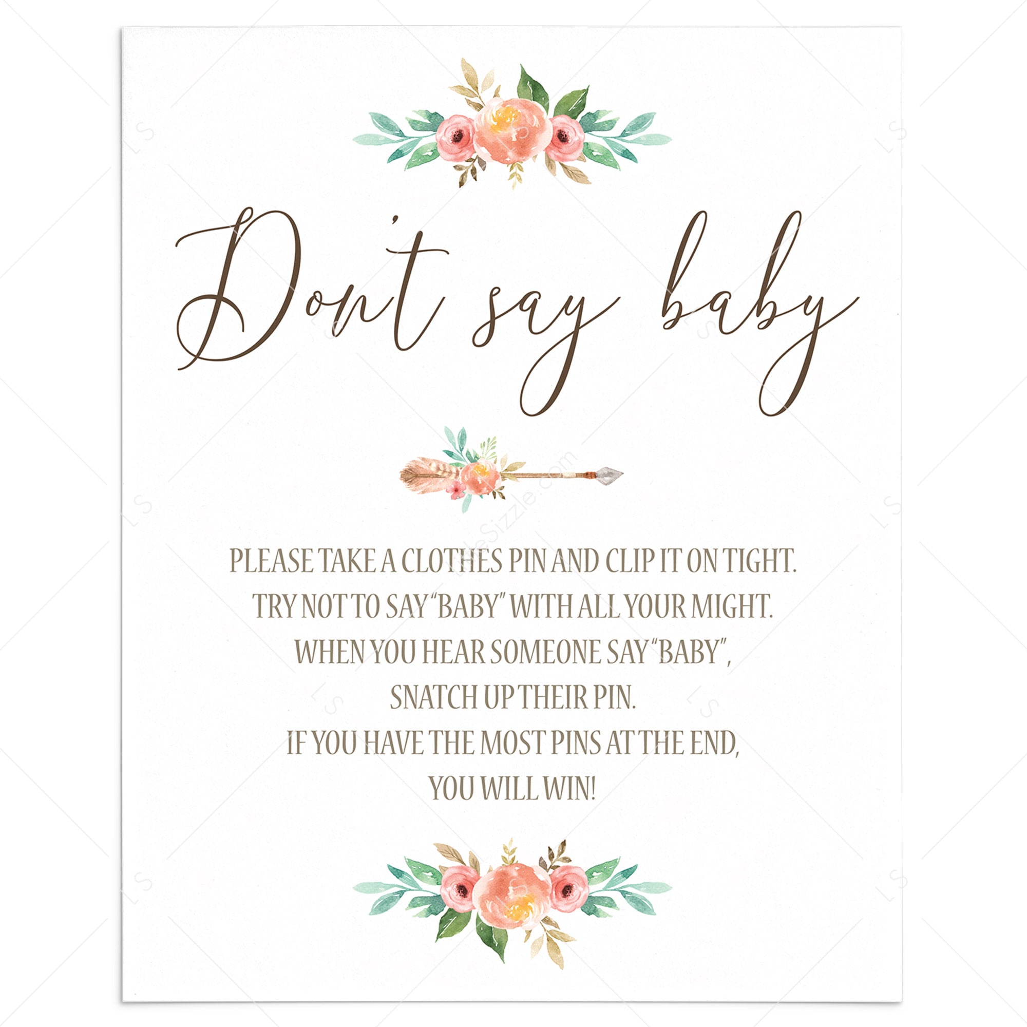 Don't Say Baby Printable Sign for Girl Baby Shower by LittleSizzle