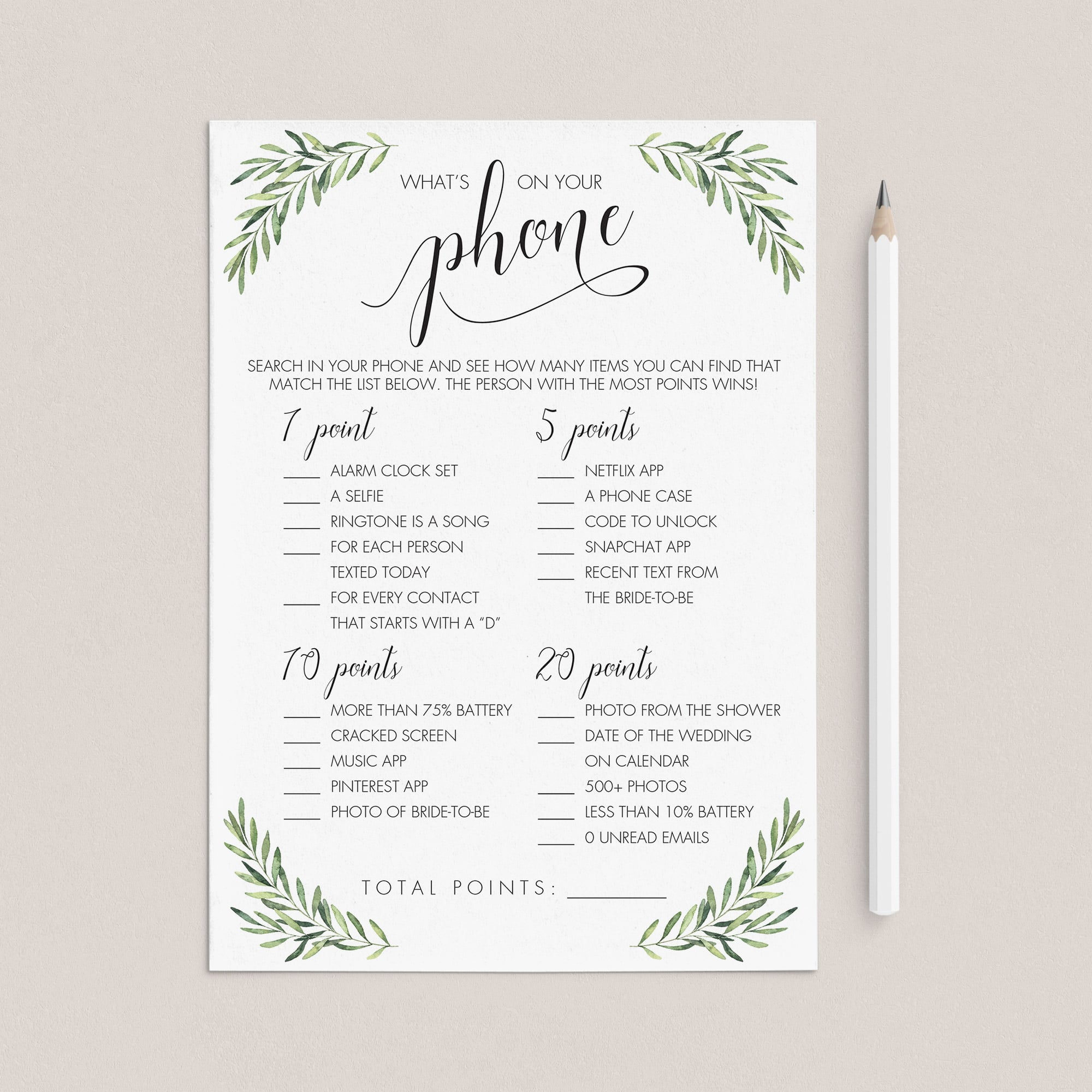 Printable Bridal Shower Game Botanical What's On Your Phone by LittleSizzle