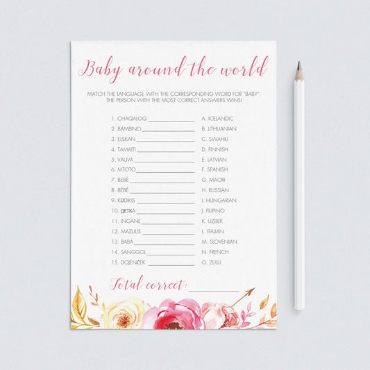 Pink Floral Baby Shower Game Baby Around The World by LittleSizzle