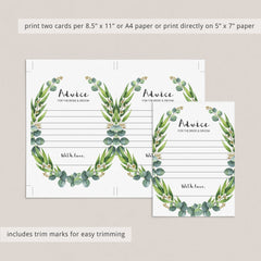 Printable Advice Cards for the Bride and Groom with Green Wreath