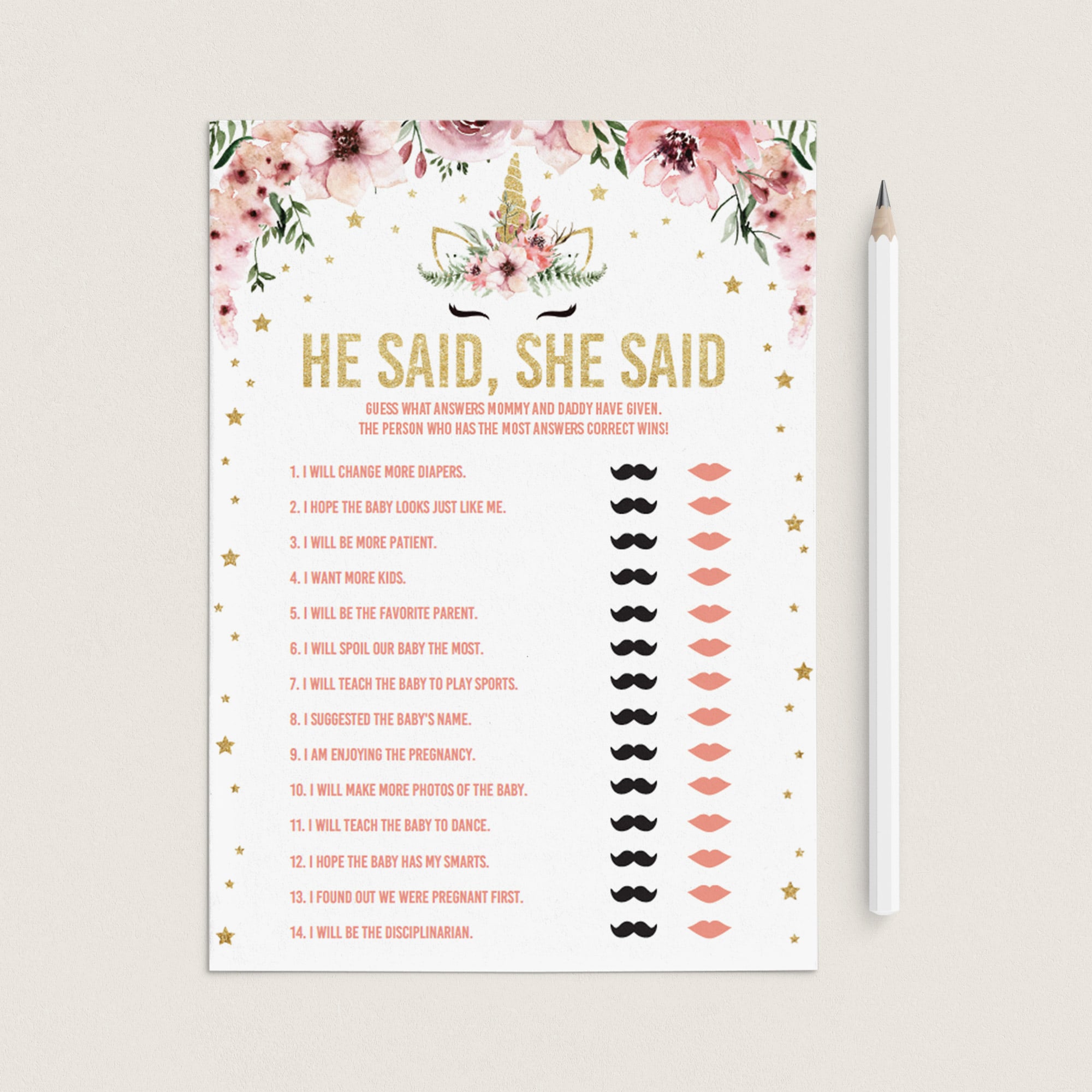 He said she said baby shower game for girls pink and gold by LittleSizzle