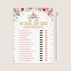 He said she said baby shower game with pink flowers by LittleSizzle