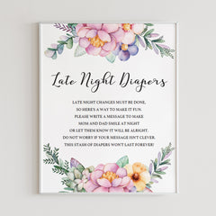 Printable late night diapers sign for girl baby shower by LittleSizzle