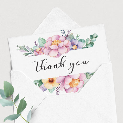 Printable Thank You card with pink flowers | Instant download flat and ...