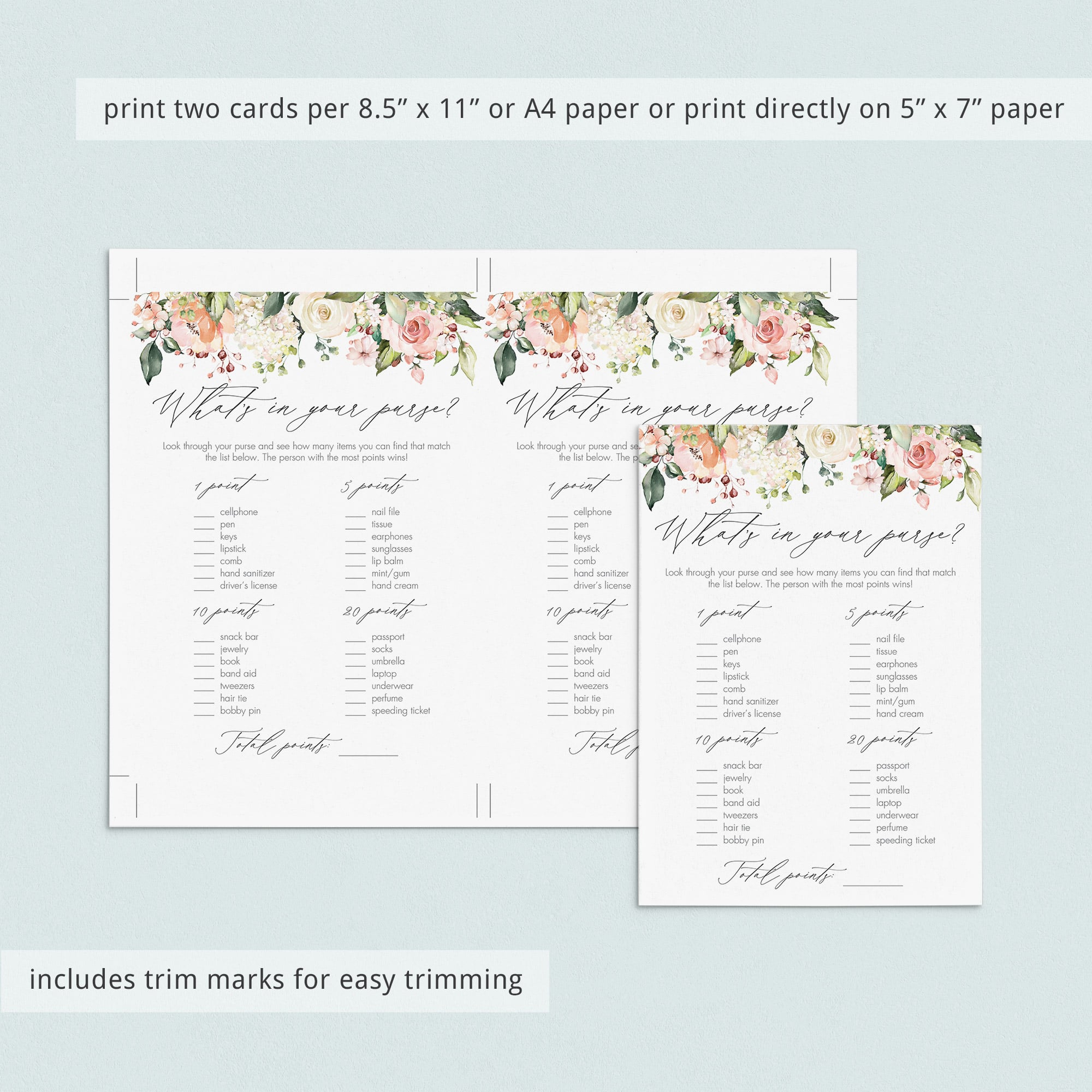 floral bridal shower whats in your handbag game printable