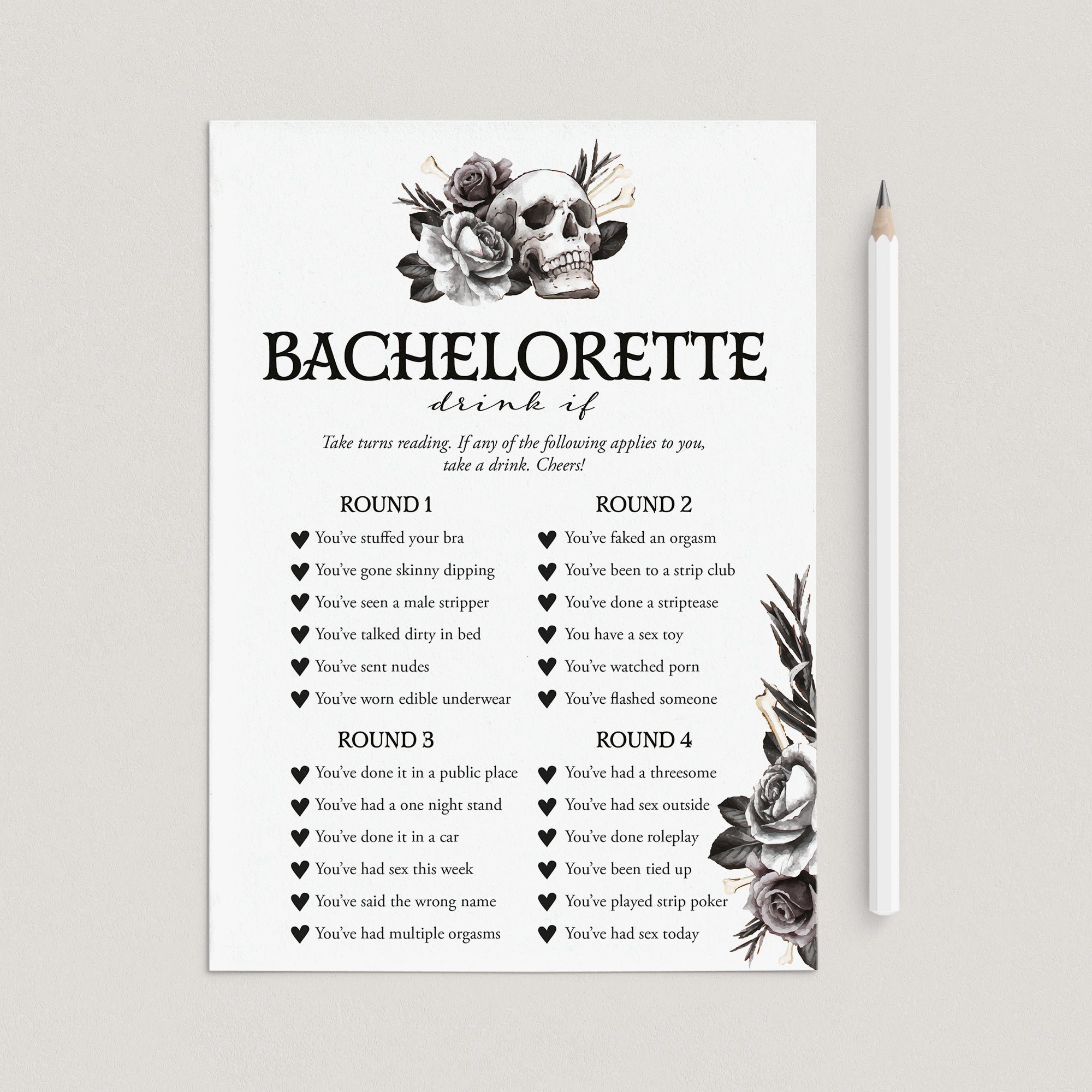 2000px x 2000px - Bride or Die Bachelorette Party Game Drink If Printable | Black Floral  Skull â€“ LittleSizzle