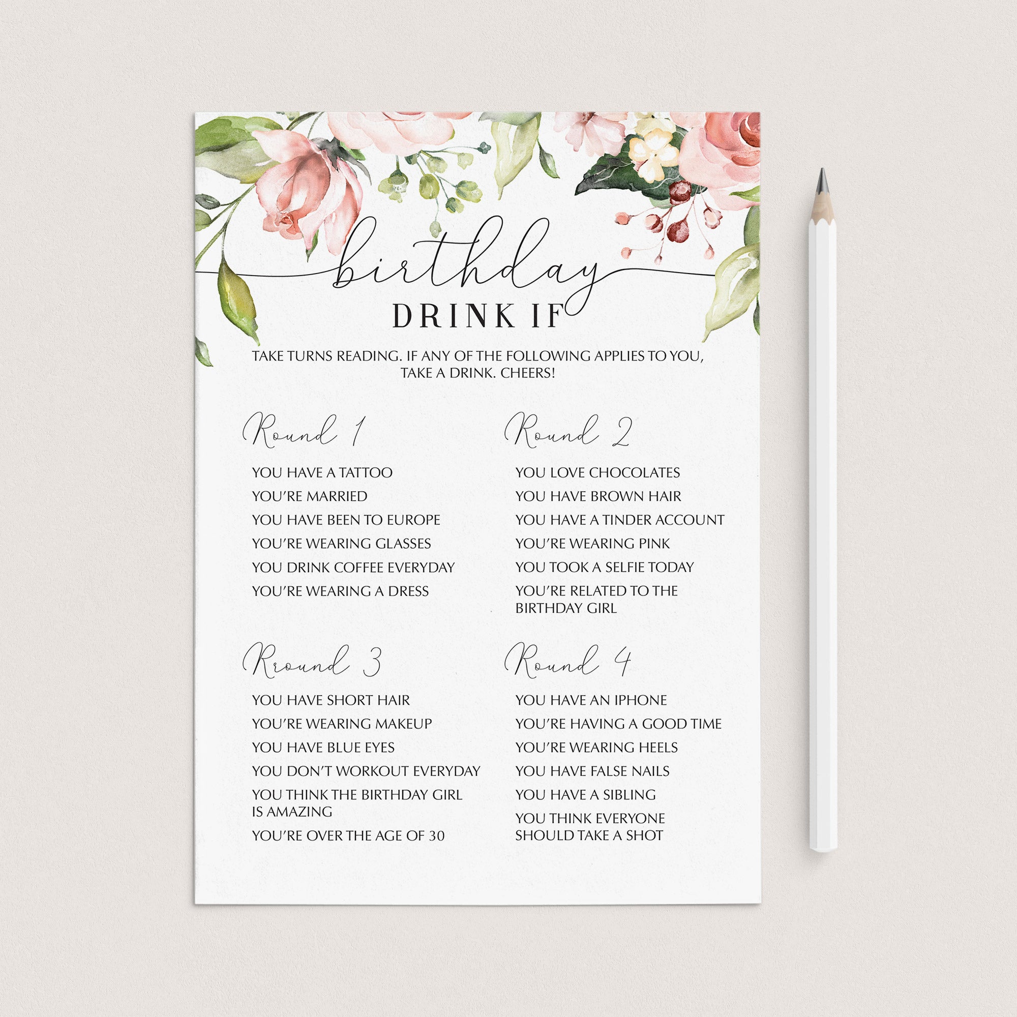 Women's Birthday Party Drinking Game Printable by LittleSizzle