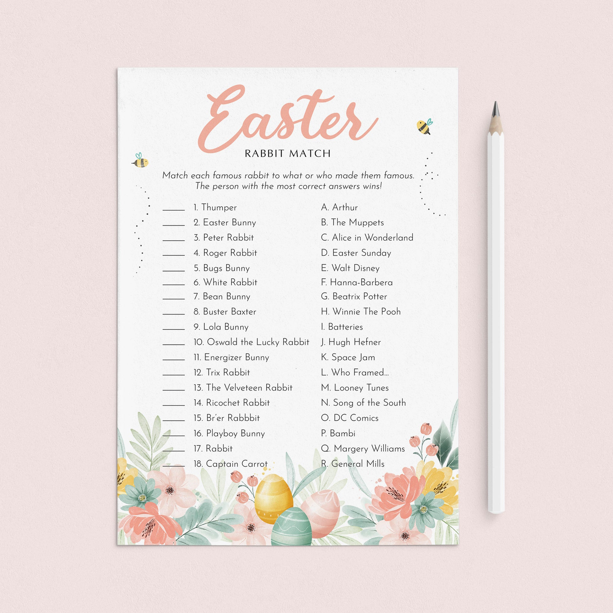 Easter Rabbit Match with Answer Key Printable by LittleSizzle