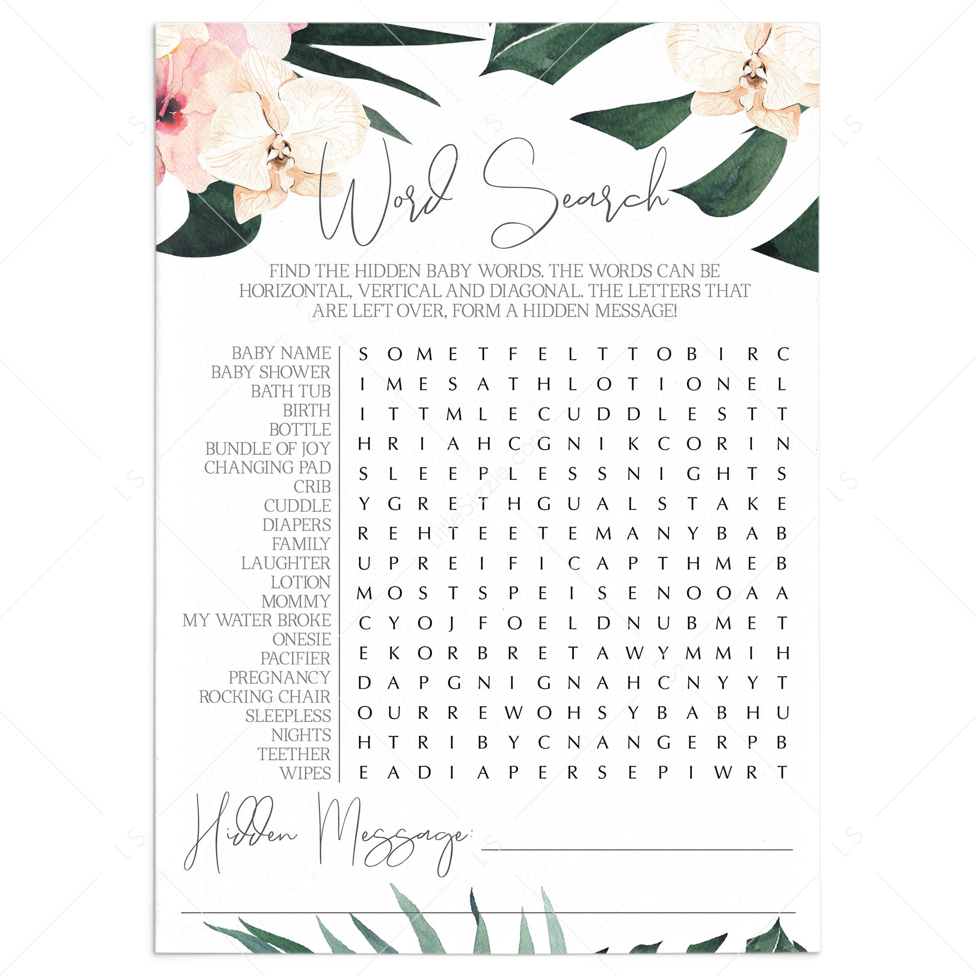 Tropical Theme Baby Shower Word Puzzle Printable by LittleSizzle