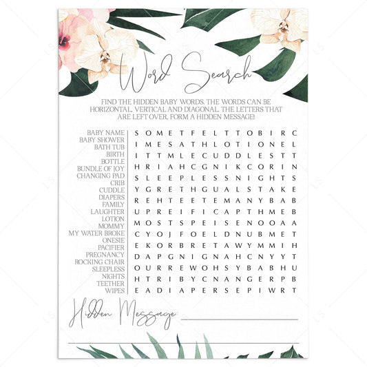 Tropical Theme Baby Shower Word Puzzle Printable by LittleSizzle