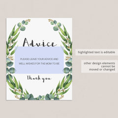 Editable Advice card sign for green themed baby shower by LittleSizzle