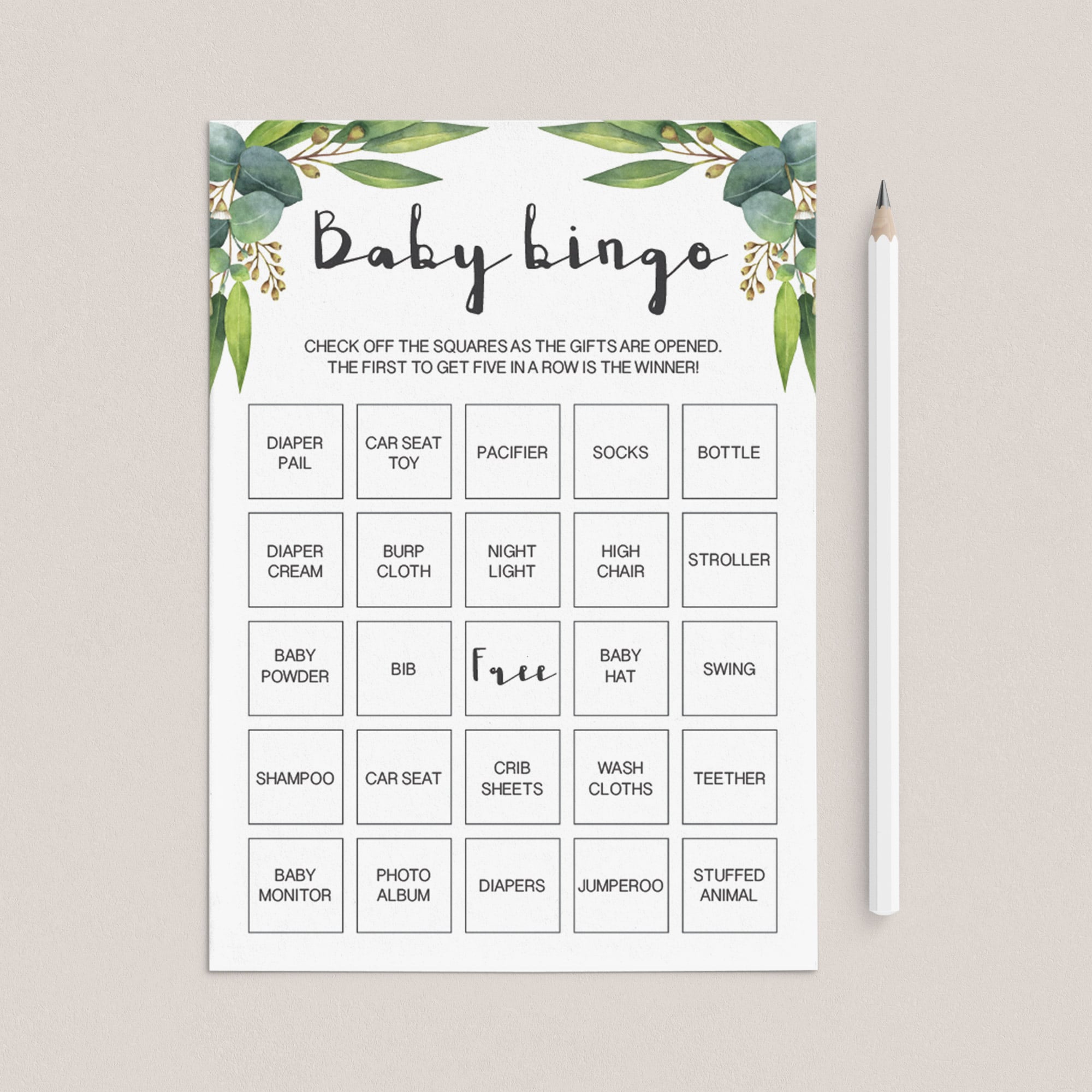 Greenery baby shower bingo game set by LittleSizzle