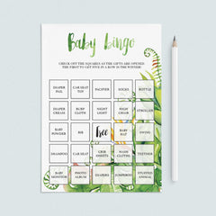 Green tropical baby shower baby bingo printable by LittleSizzle