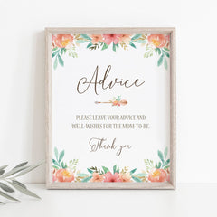 Floral Themed Advice Sign for Baby Shower Template