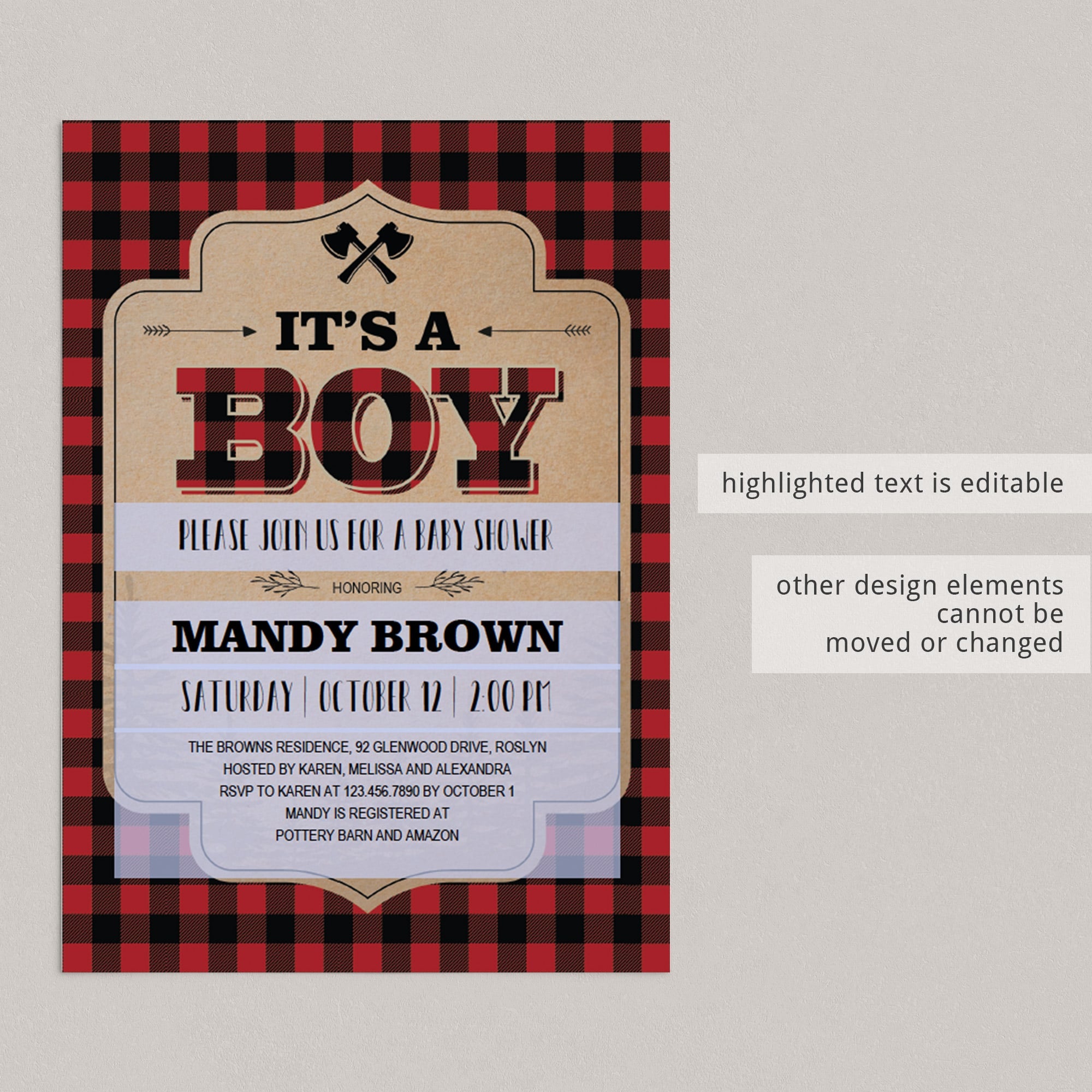 Red and Black pattern baby shower invites Instant Download