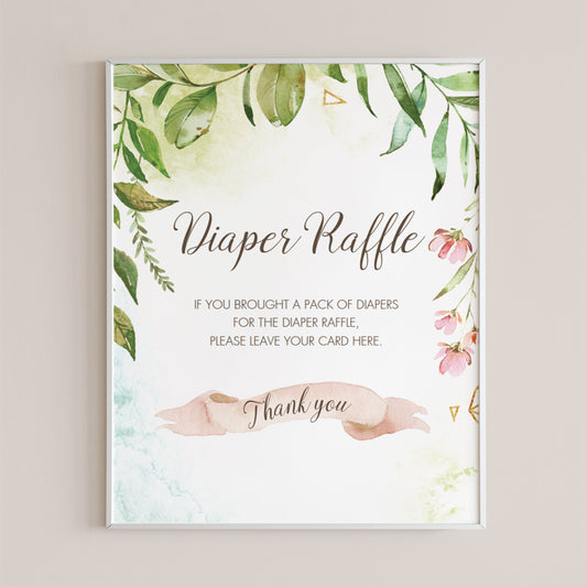 Watercolor leaves diaper raffle sign for baby party by LittleSizzle