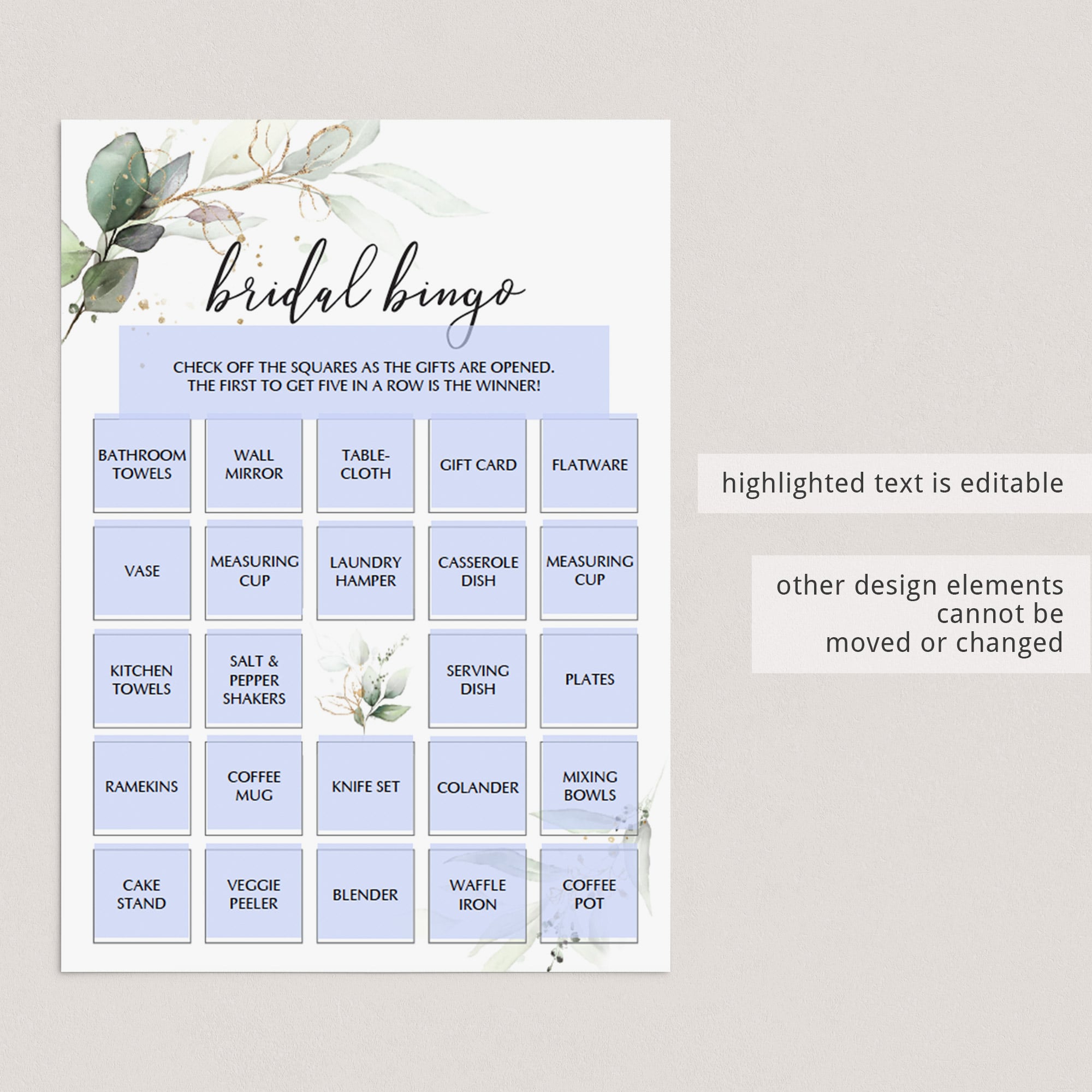 watercolor bridalshower games gift bingo printable