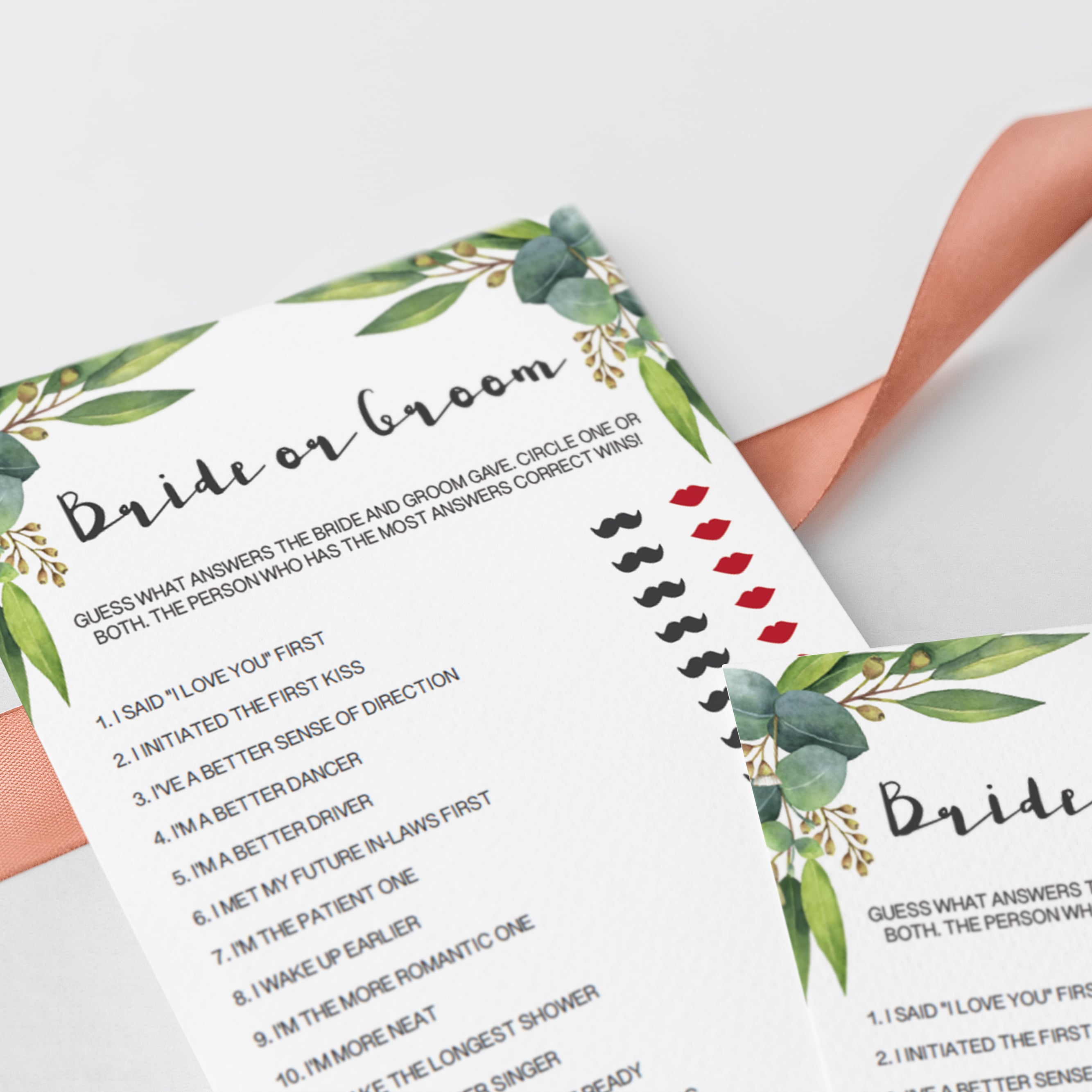 watercolor eucalyptus bride or groom game cards instant download