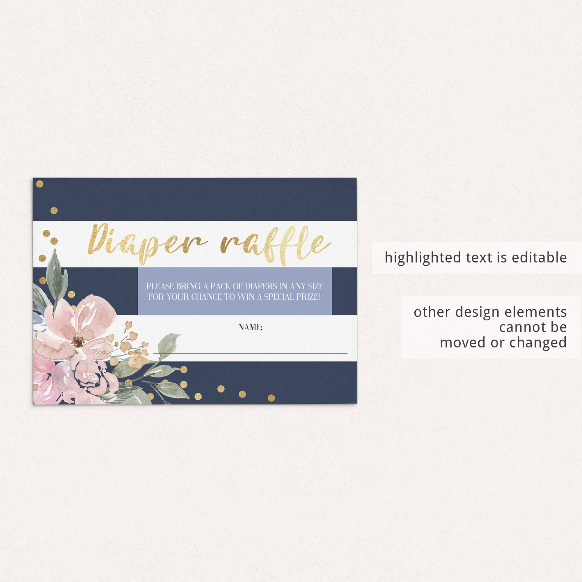 Gold foil diaper raffle ticket template for baby shower by LittleSizzle