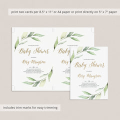 Greenery and Gold Baby Shower Invite Template Instant Download