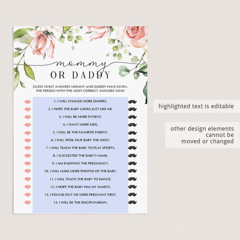 Floral Mommy Daddy baby shower game printable | Instant download ...