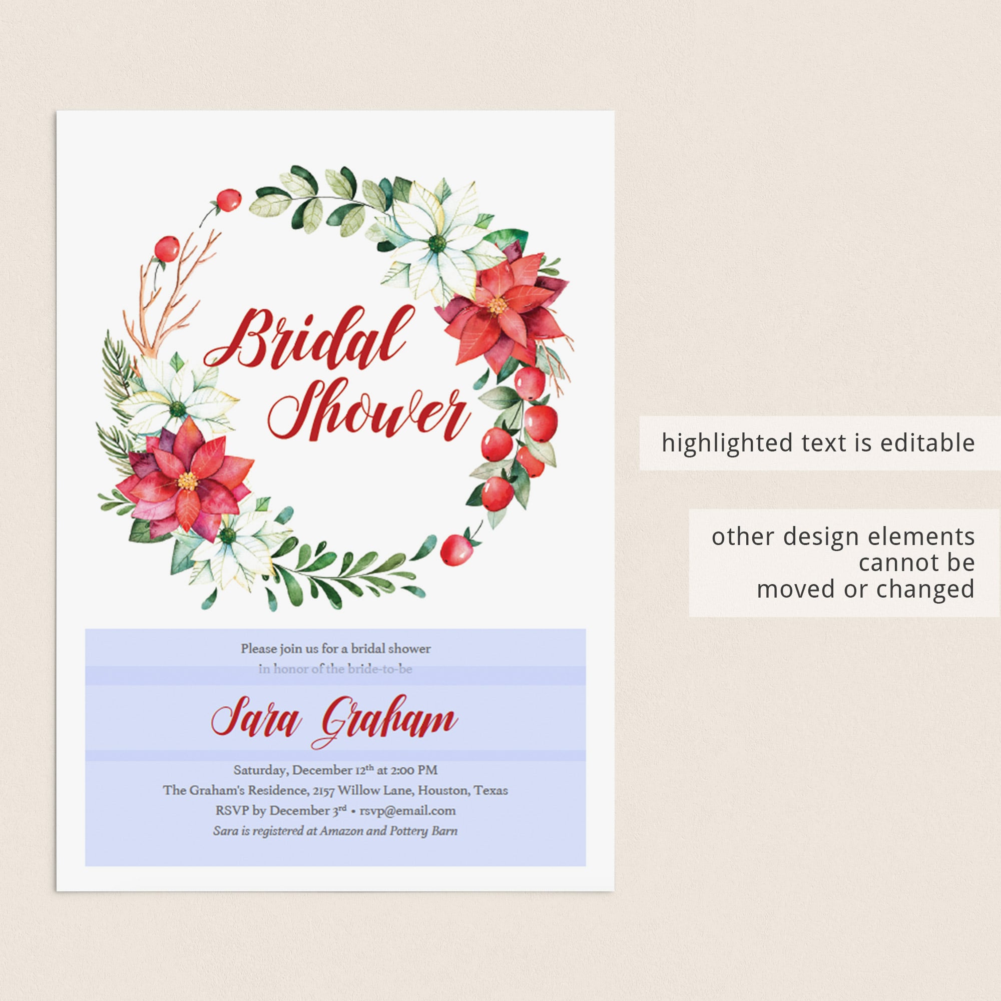Red and greenery bridal shower invitation Poinsettia Floral Wreath Bridal Shower Invitation by LittleSizzle