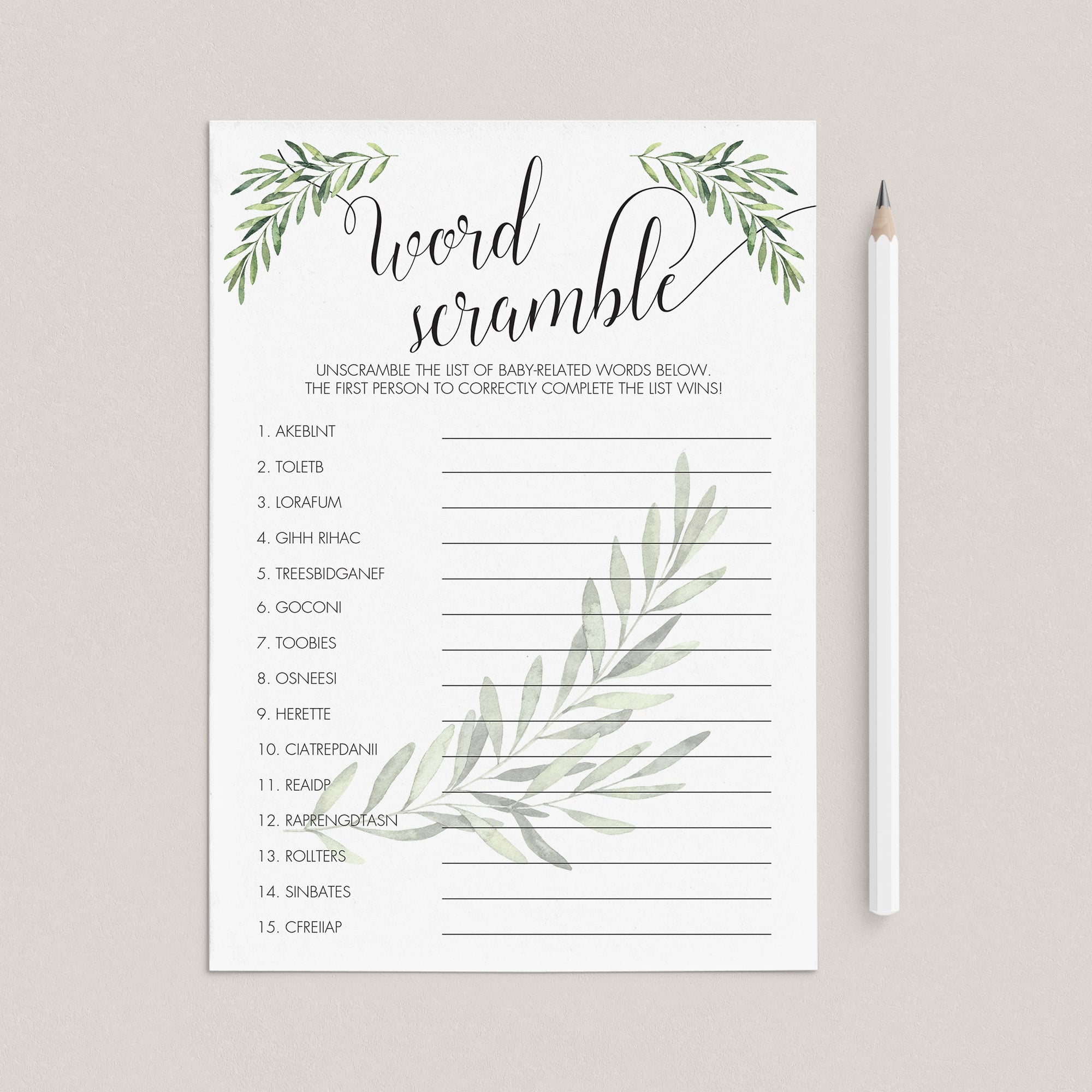Botanical Baby Shower Game Baby Word Scramble Printable by LittleSizzle