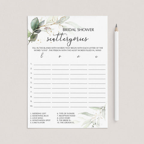 Bridal Scattergories Game Greenery and Gold Printable | Instant ...