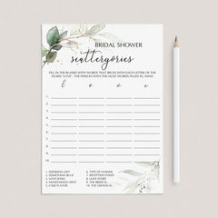 Bridal Scattergories Game Greenery and Gold Printable