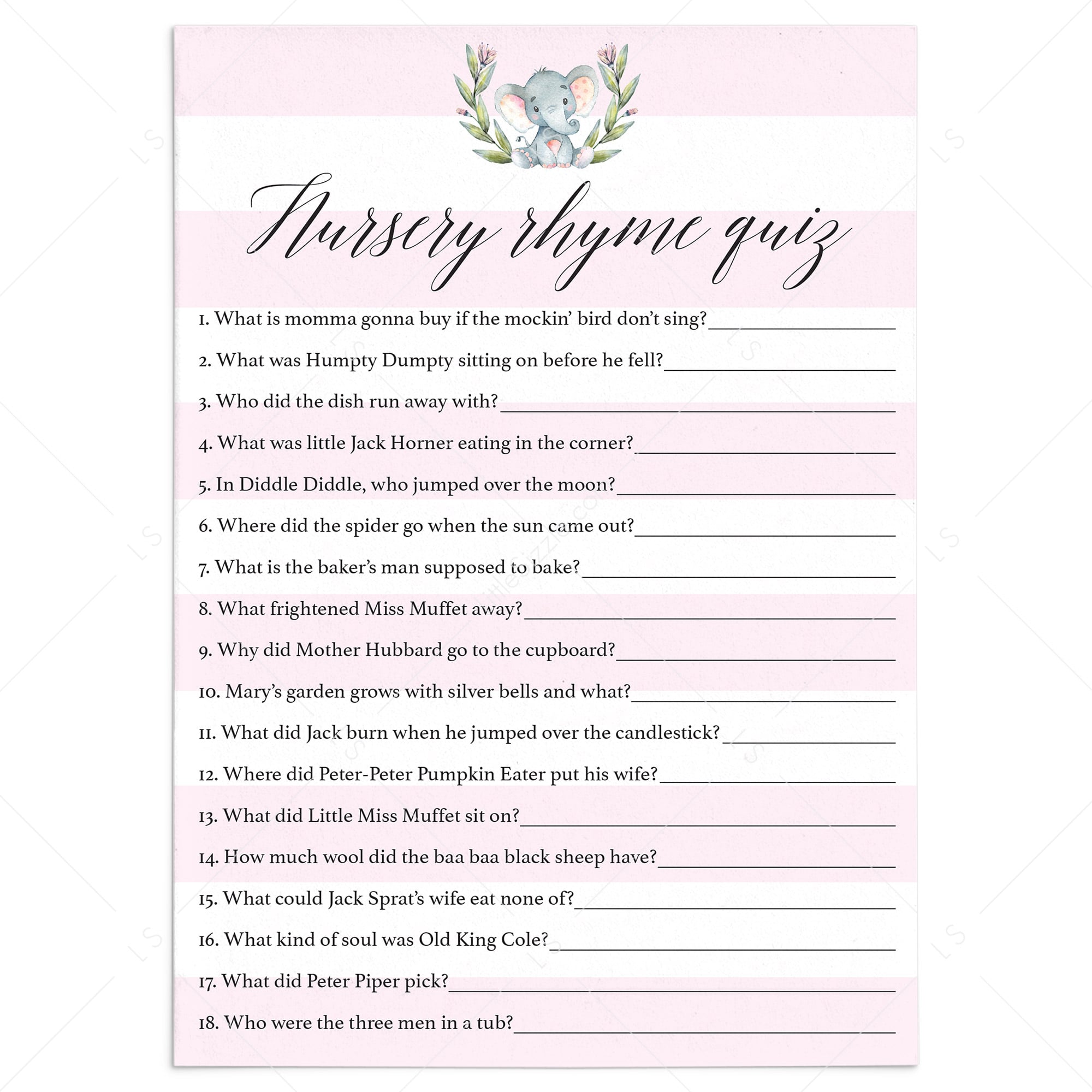Nursery rhyme quiz answer printable by LittleSizzle
