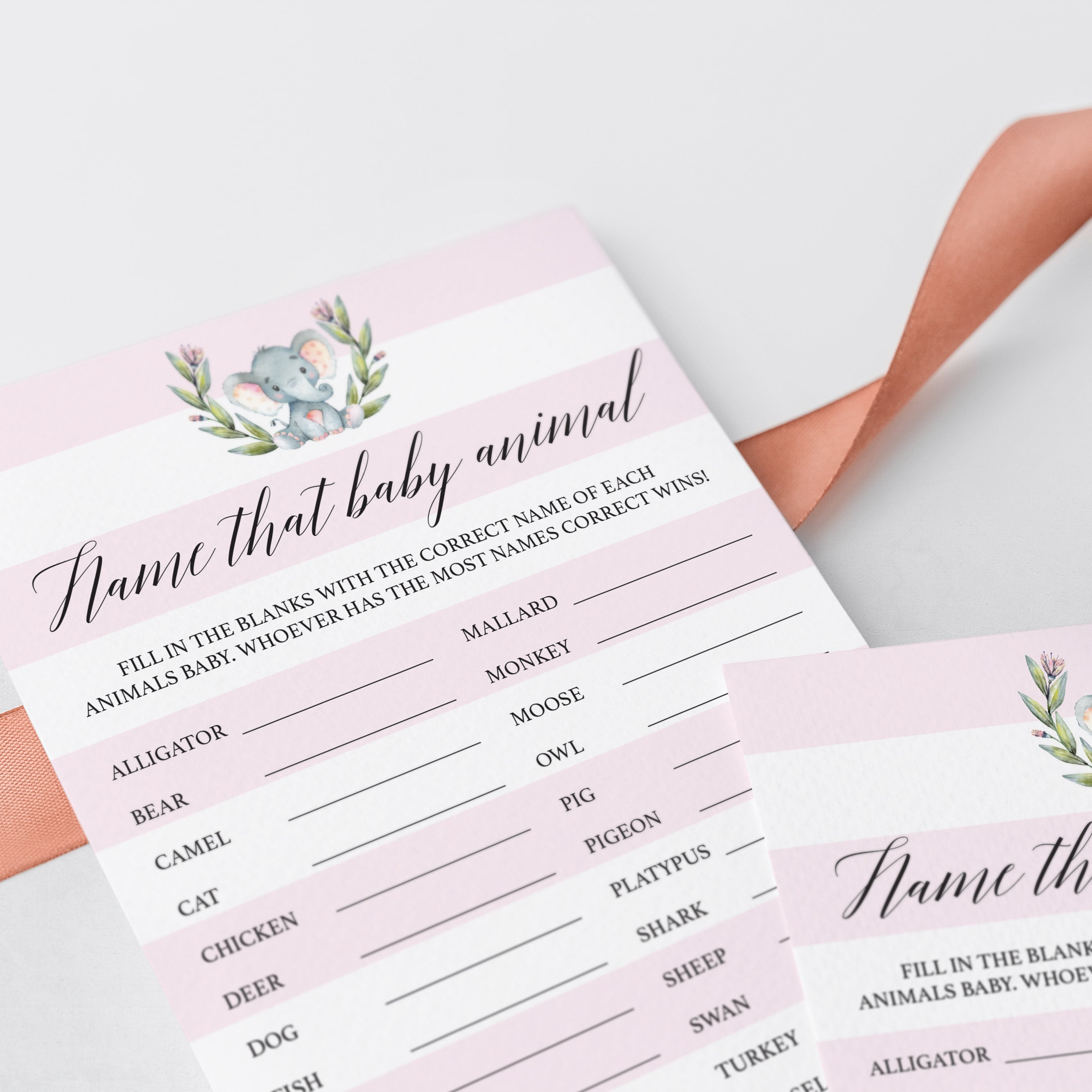 Pink elephant baby shower game printable download by LittleSizzle
