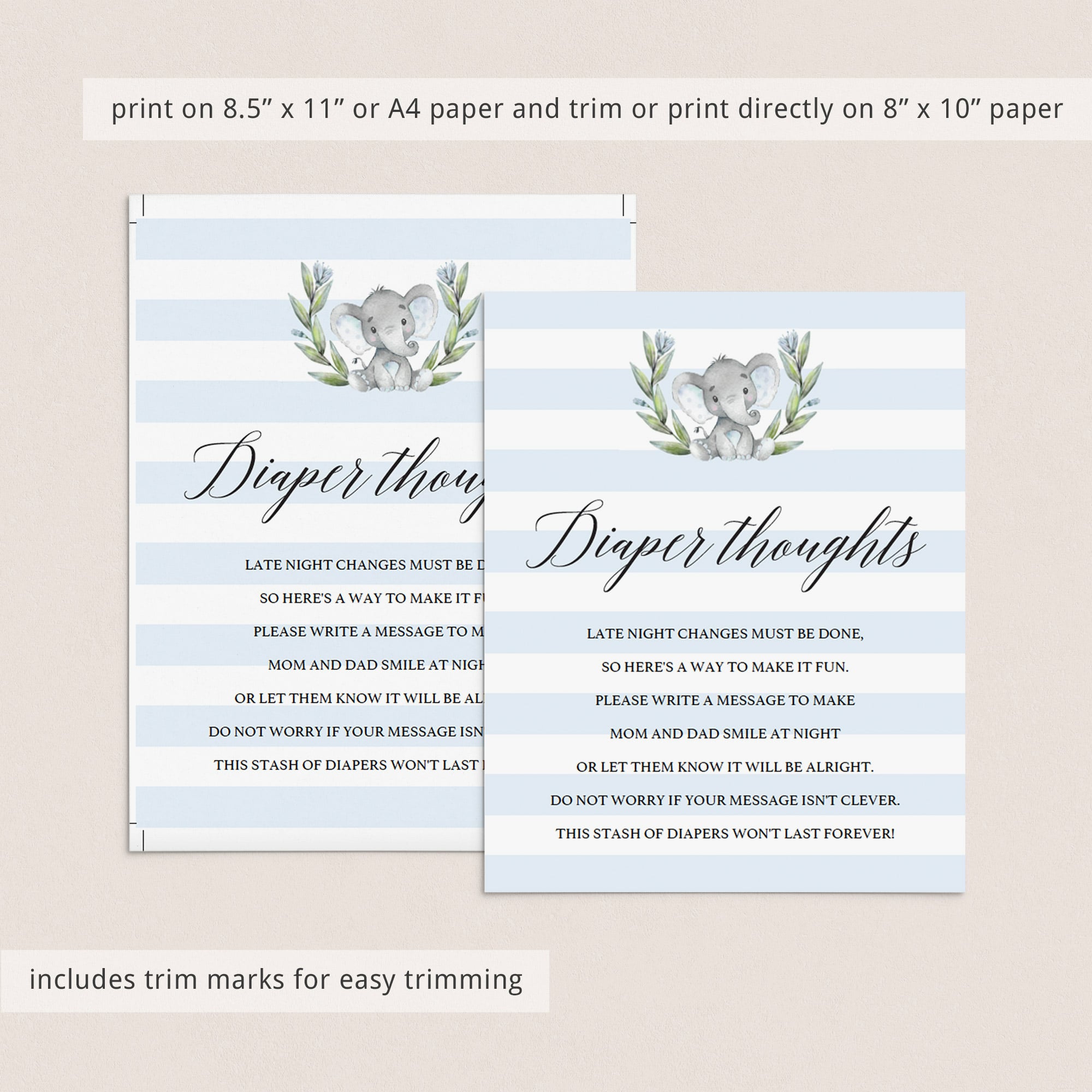 Grey elephant baby party diaper thoughts sign printable by LittleSizzle