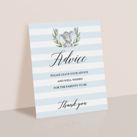 Boy baby shower decor Advice Sign printable | Elephant baby shower ...