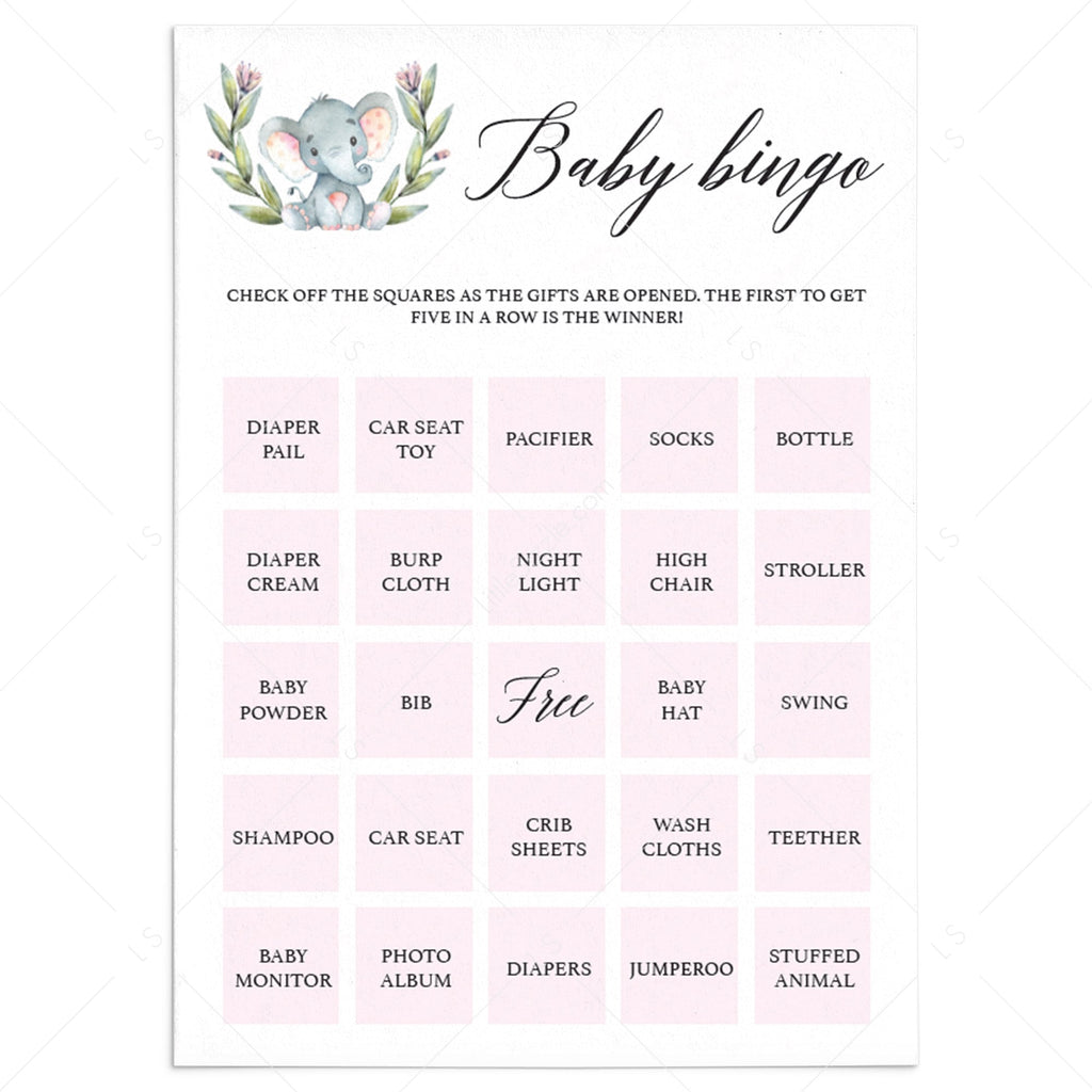 Pink elephant baby shower bingo printable cards | Instant download ...
