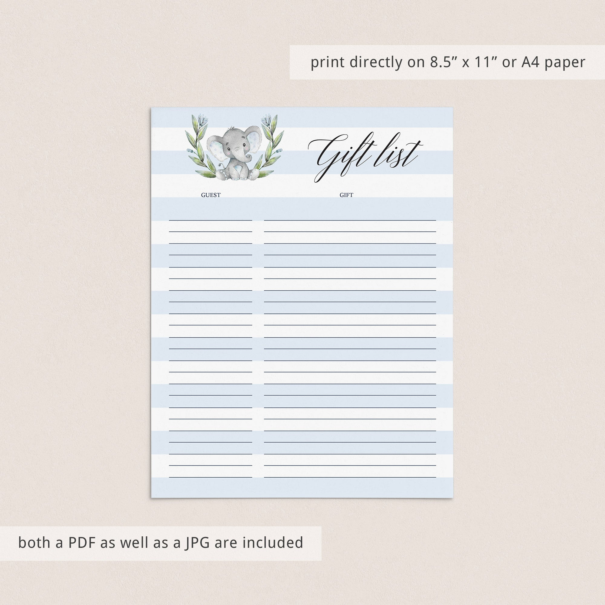 Gift list for elephant themed baby boy shower printable by LittleSizzle