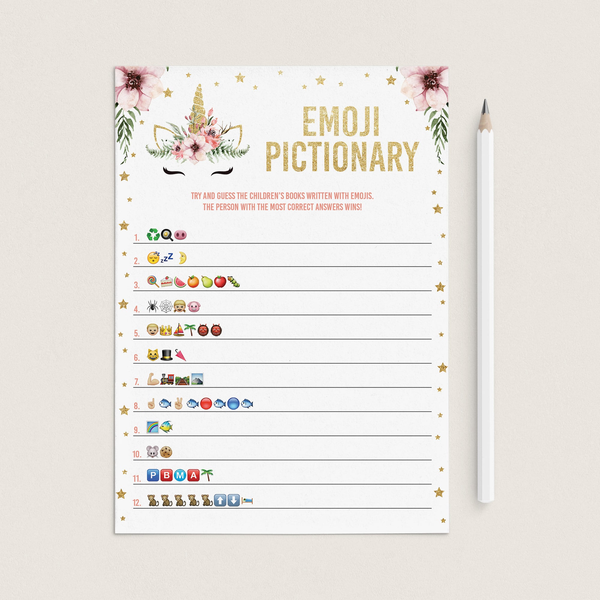 Unicorn emoji pictionary game printable by LittleSizzle