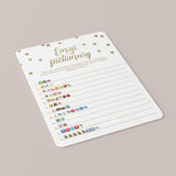 Emoji Pictionary Baby Shower Game Gold Confetti Printable & Fillable PDF Template