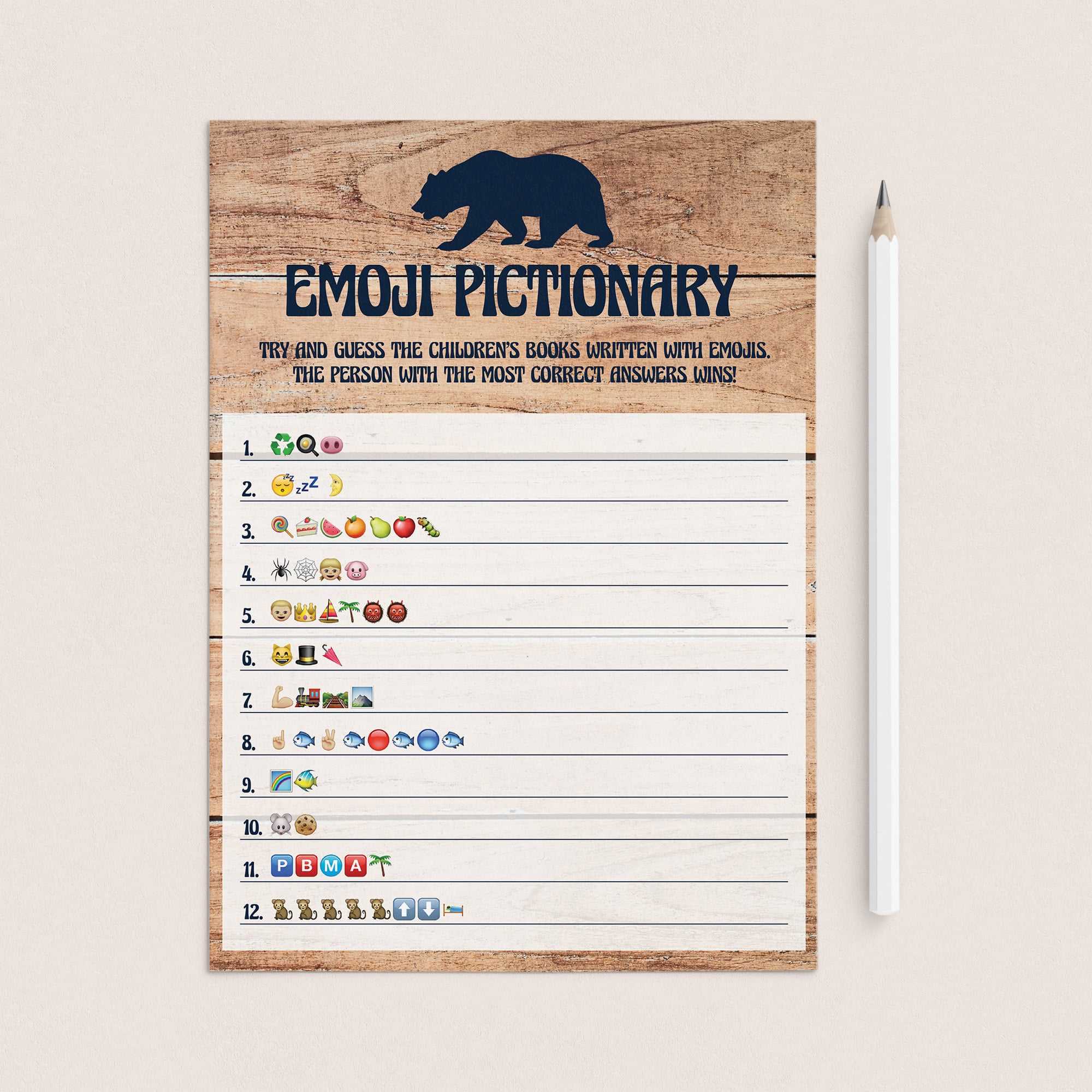 Printable emoji pictionary for woodland baby shower by LittleSizzle