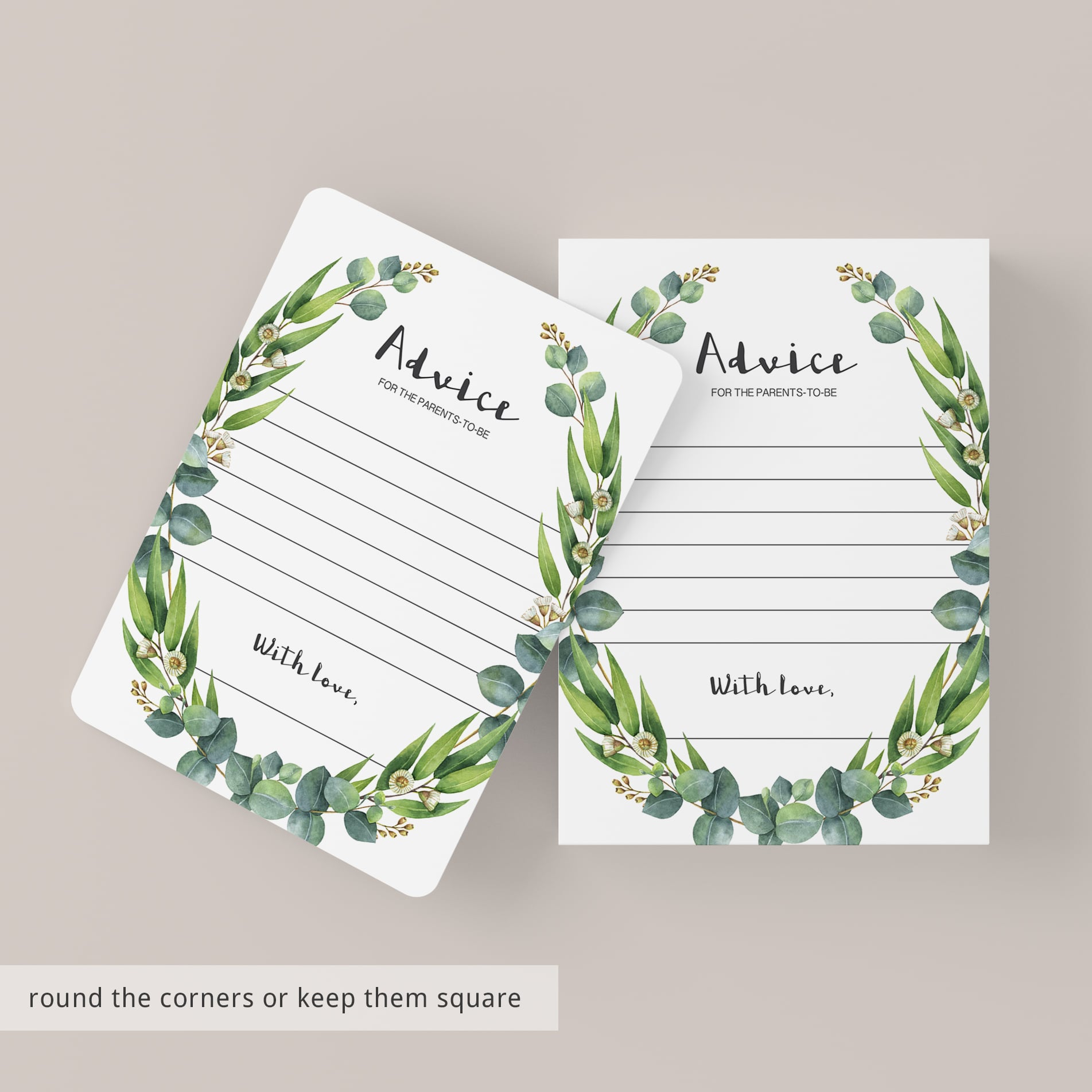 Green wreath advice card printable for neutral baby shower by LittleSizzle