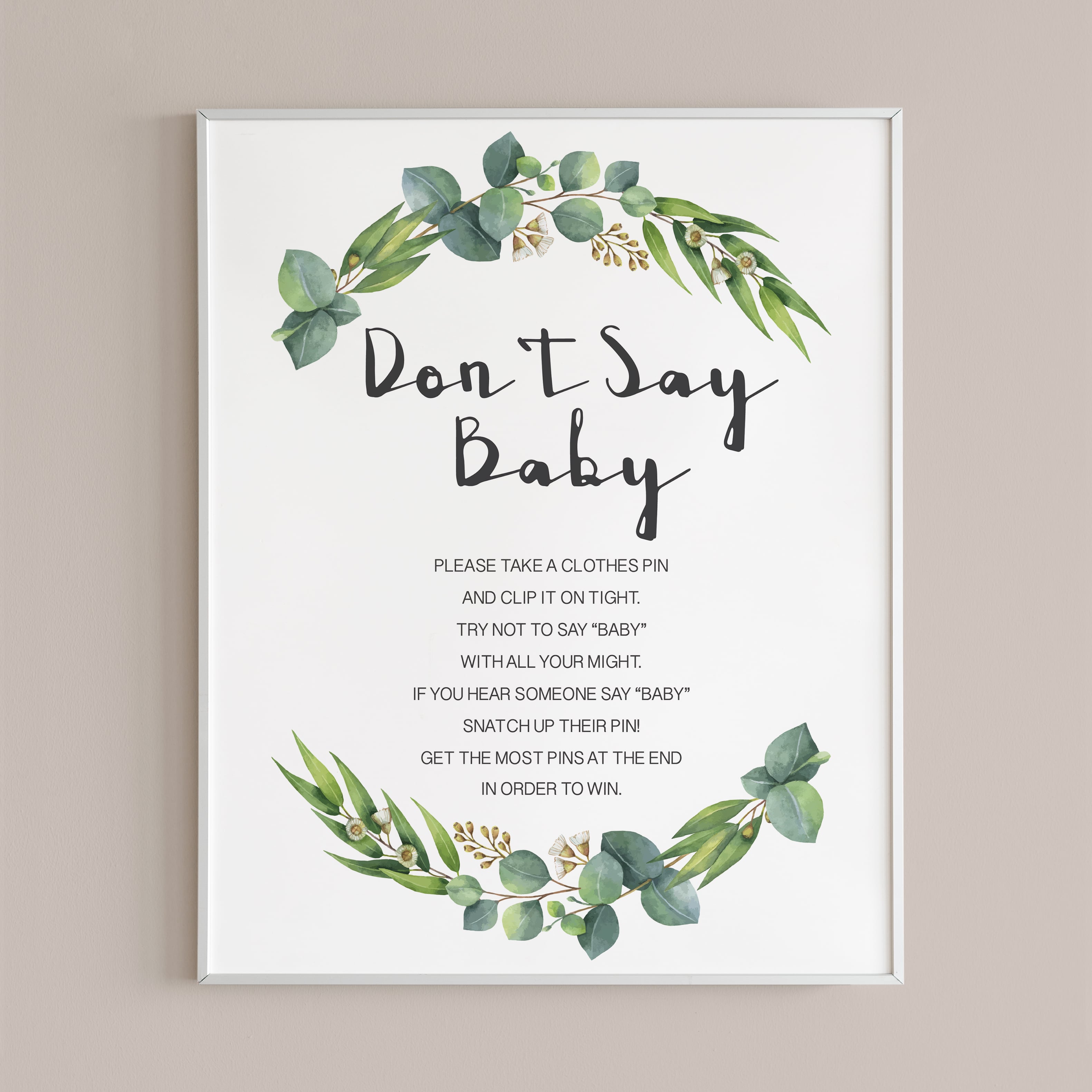 Printable dont say baby game sign for greenery baby shower by LittleSizzle