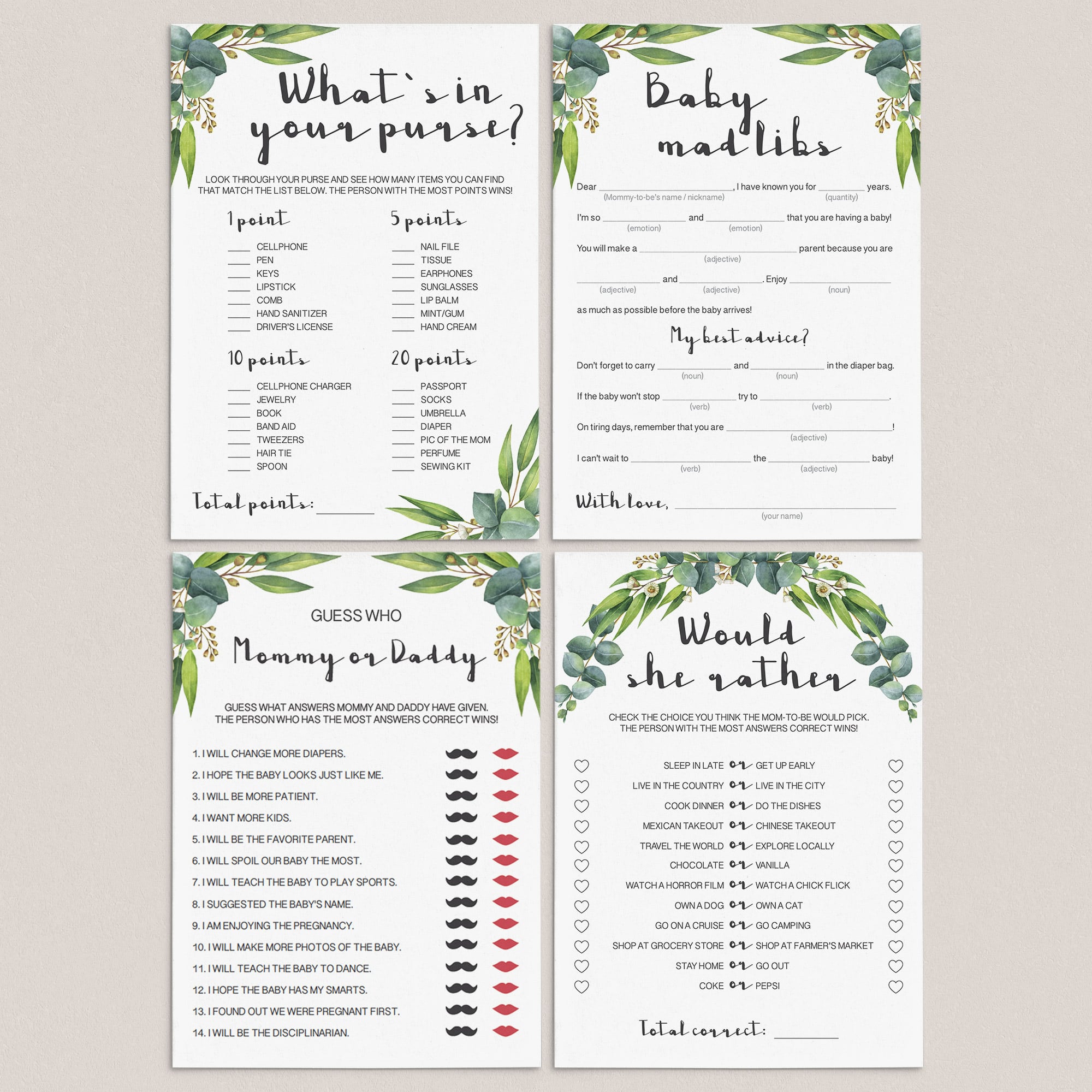 Popular games for baby shower printables eucalyptus leaves by LittleSizzle