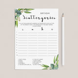 Eucalyptus Birthday Party Ideas Scattergories Game Printable by LittleSizzle