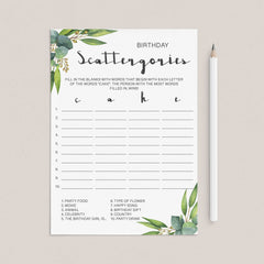 Eucalyptus Birthday Party Ideas Scattergories Game Printable by LittleSizzle