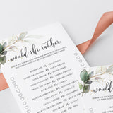 watercolor greenery and gold foil bridal shower who knows the bride best game template