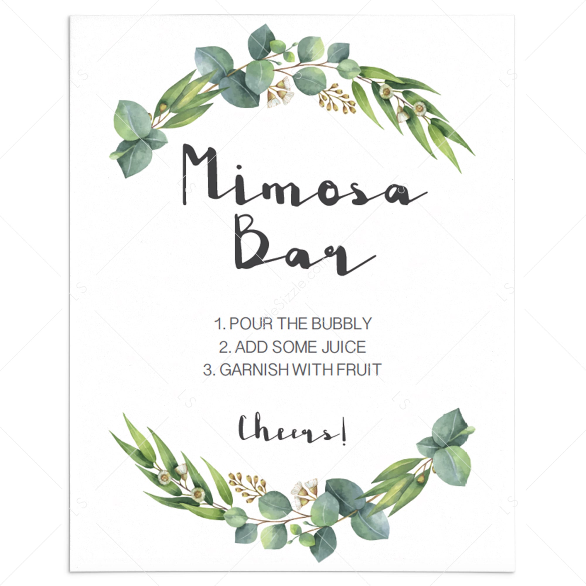 Mimosa Bar sign printable with watercolor leaves by LittleSizzle