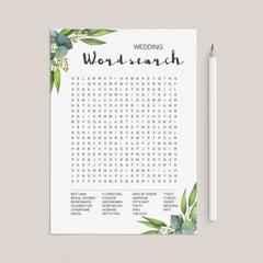 green leaves word search game for bridal shower garden theme