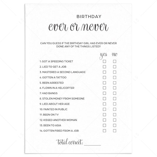 Ever or Never Birthday Game for Her Printable by LittleSizzle